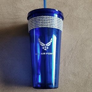 U.S. Air Force plastic tumbler. Blue cup & straw. Rhinestone accent. NWOT